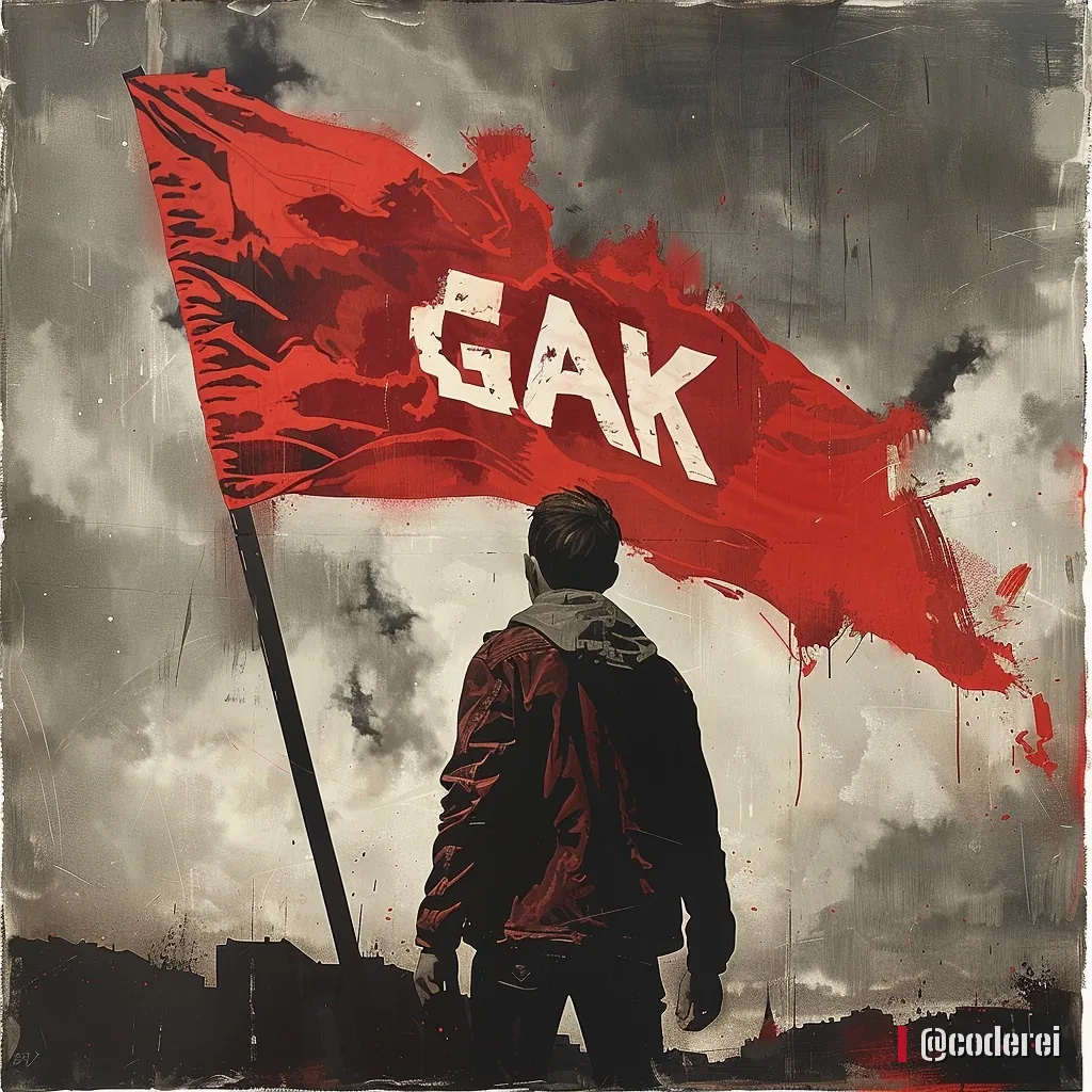 Mann in roter Jacke von hinten blickt auf eine große wehende rote Fahne mit „GAK“ vor stürmischem Himmel.