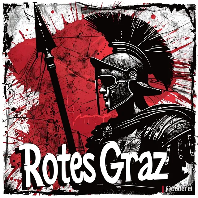 Gezeichneter Krieger mit Helm und Speer im Profil, davor der Schriftzug „Rotes Graz“, auf schwarzem Rand und rotem Grund.