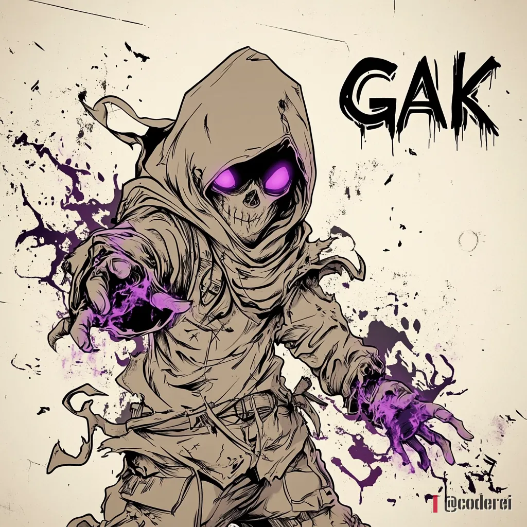 Zeichnung einer kleinen Gestalt im zerlumpten Kapuzenmantel mit Totenkopfgesicht und violett leuchtenden Augen und Händen, daneben „GAK“.