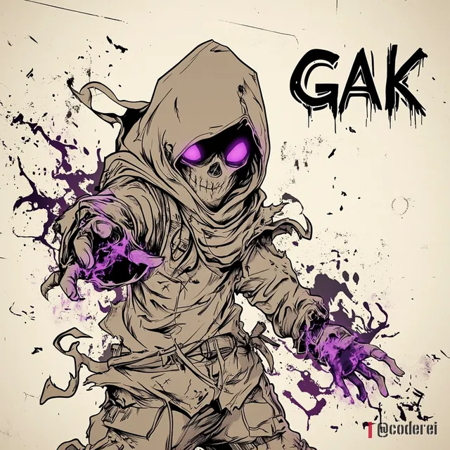 Zeichnung einer kleinen Gestalt im zerlumpten Kapuzenmantel mit Totenkopfgesicht und violett leuchtenden Augen und Händen, daneben „GAK“.