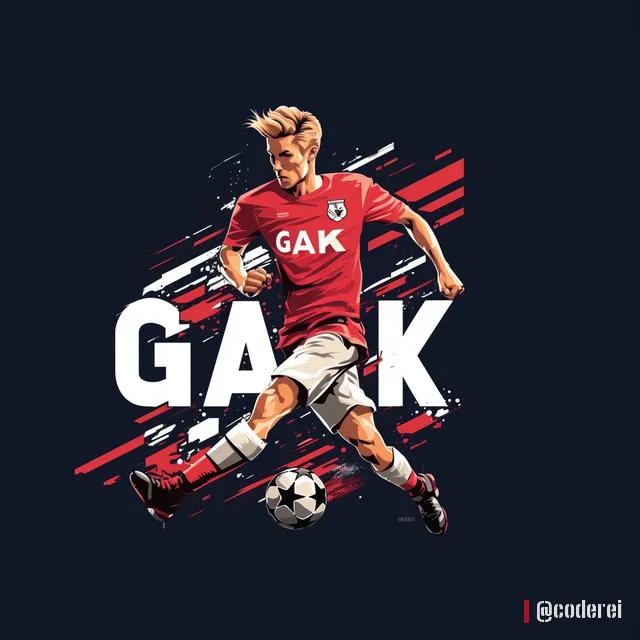 Gezeichneter Fußballer im roten Trikot mit „GAK“ im Lauf mit Ball, davor der weiße Schriftzug „GAK“ auf dunklem Grund.