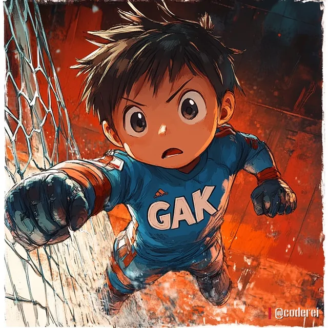 Anime-Torwart in blauem Trikot mit „GAK“ springt mit Handschuhen dem Ball entgegen vor einem Tornetz, orange-roter Hintergrund.