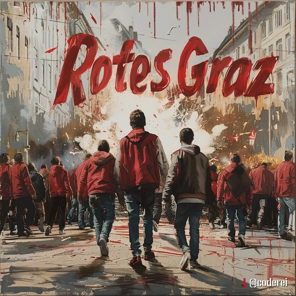 Menschenmenge in roten Jacken geht von hinten eine Straße entlang, oben der Schriftzug „Rotes Graz“, rote Rauchschwaden an den Seiten.