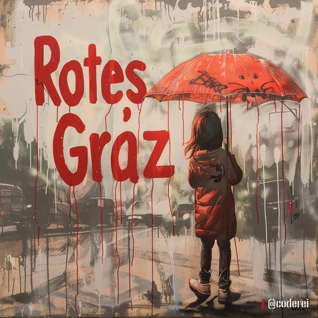 Mädchen mit rotem Regenschirm steht von hinten vor einer Wand mit dem roten Schriftzug „Rotes Graz“, rote Tropfspuren.