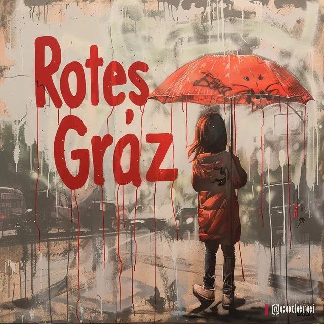 Mädchen mit rotem Regenschirm steht von hinten vor einer Wand mit dem roten Schriftzug „Rotes Graz“, rote Tropfspuren.