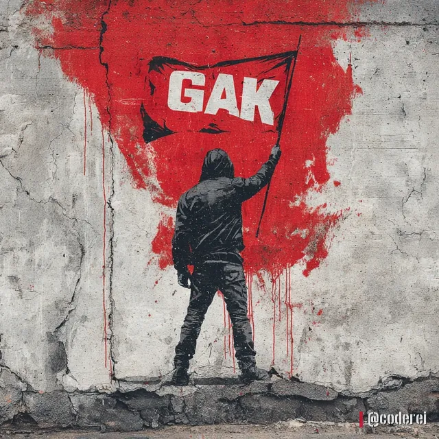Mann in dunkler Kapuzenjacke von hinten sprüht eine rote Fahne mit „GAK“ an eine Betonwand, roter Farbnebel mit Laufspuren.