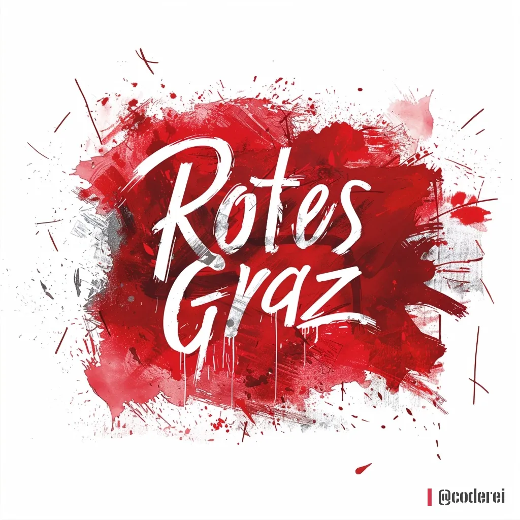Weißer Schriftzug „Rotes Graz“ in Schreibschrift auf roter Farbfläche mit Spritzern, auf weißem Grund.