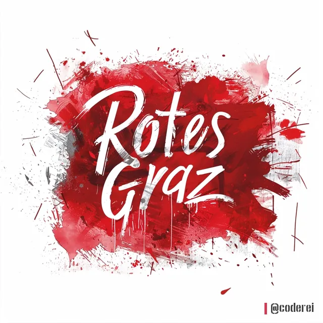 Weißer Schriftzug „Rotes Graz“ in Schreibschrift auf roter Farbfläche mit Spritzern, auf weißem Grund.