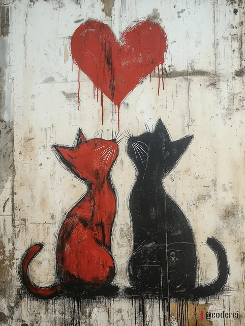 Eine rote und eine schwarze Katze sitzen sich gegenüber unter einem tropfenden roten Herz, auf rissiger heller Wand.