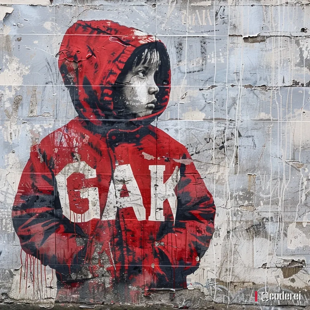 Gemalter Bub in rotem Kapuzenpulli mit „GAK“ vor einer grauen Wand mit Farbspuren.