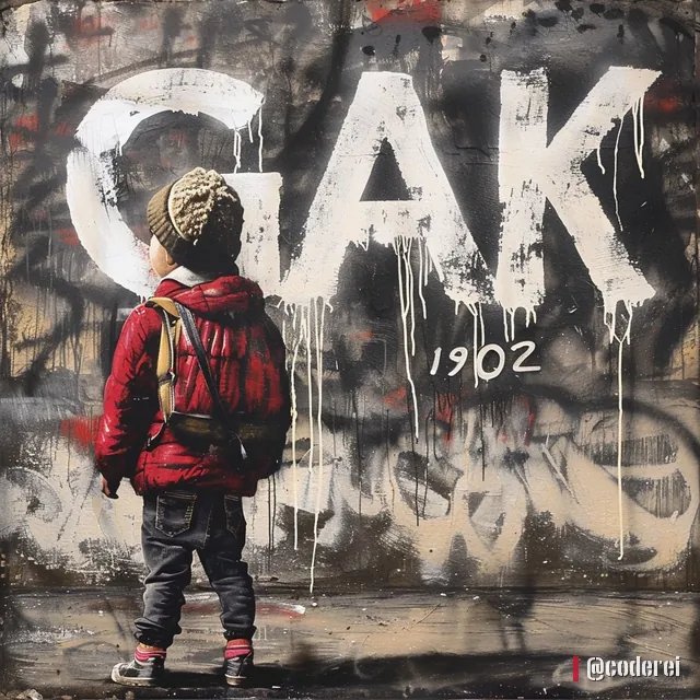 Kind von hinten in roter Jacke mit Rucksack vor einer Wand mit dem großen Schriftzug „GAK“ und „1902“.