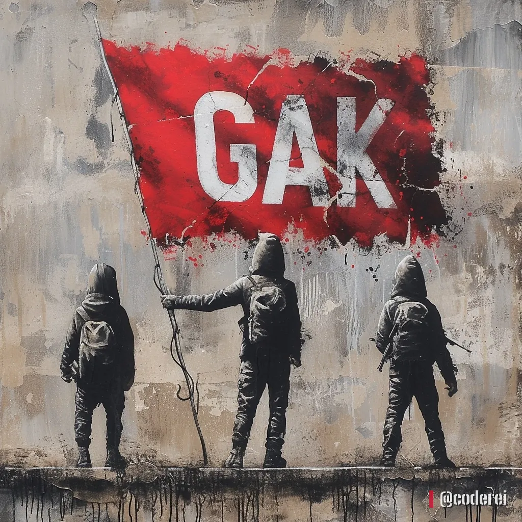 Drei Gestalten in Kapuzen von hinten stehen unter einer großen roten Fahne mit „GAK“ vor einer Betonwand.