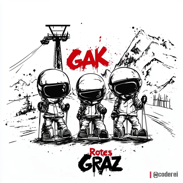 Drei gezeichnete Figuren in Skianzügen mit Helm und verspiegeltem Visier vor Seilbahn und Bergen, darüber „GAK“, darunter „Rotes Graz“.