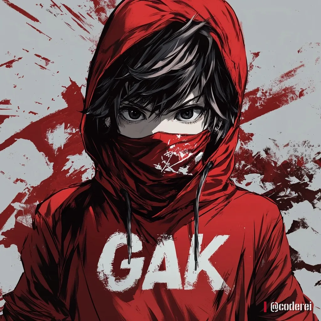 Anime-Bub mit roter Kapuze und rotem Tuch vor dem Gesicht, auf dem Pulli „GAK“, vor grauem Grund mit roten Spritzern.