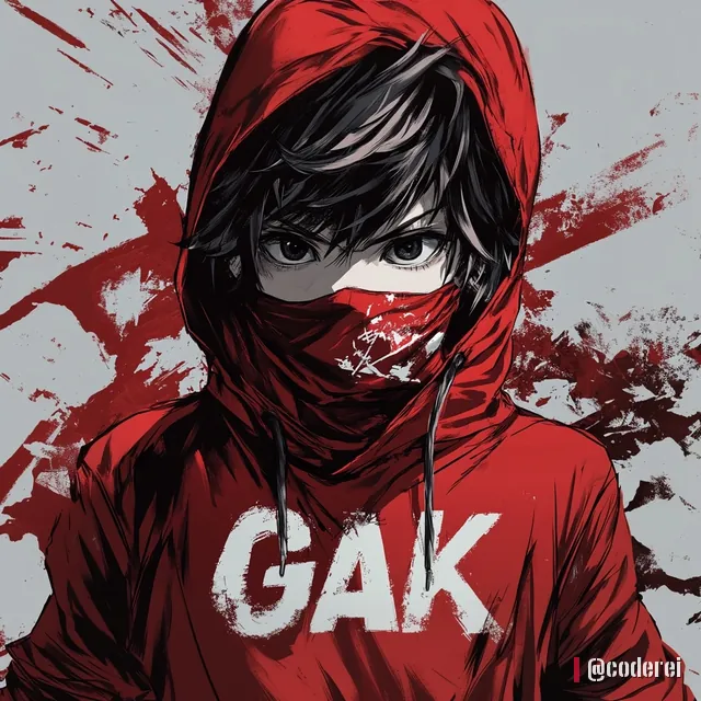 Anime-Bub mit roter Kapuze und rotem Tuch vor dem Gesicht, auf dem Pulli „GAK“, vor grauem Grund mit roten Spritzern.