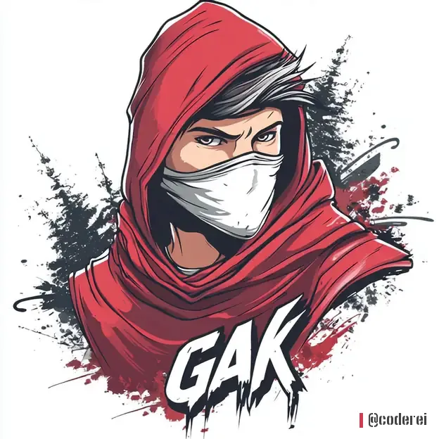 Anime-Figur mit schwarzen Haaren, rotem Kapuzenumhang und weißer Maske, davor „GAK“ in Graffiti-Schrift.
