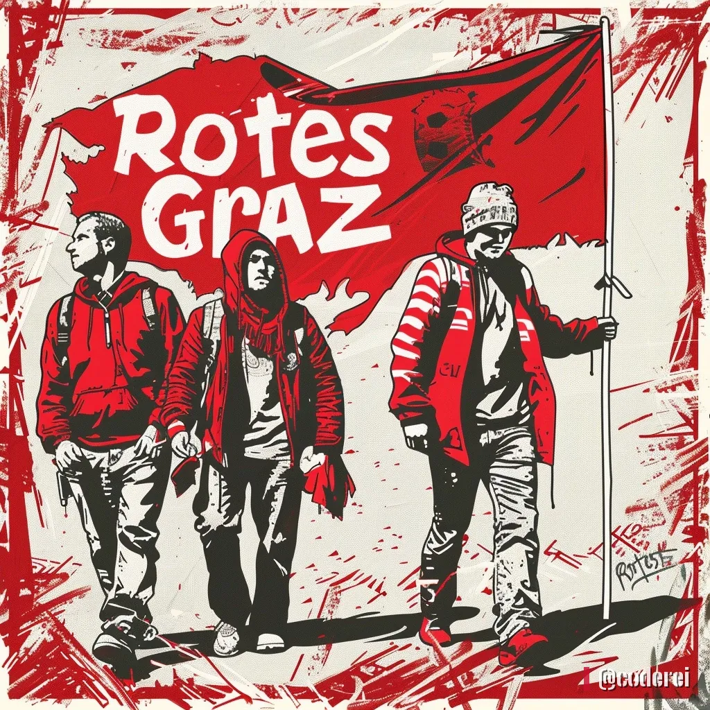 Gezeichnete Gruppe von drei Fans in roten Jacken und Mützen, hinter ihnen eine rote Fahne mit „Rotes Graz“.