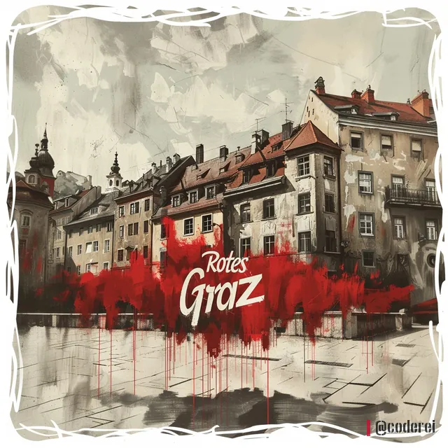 Altstadthäuser mit Rot am Fuß des Bildes und dem Schriftzug „Rotes Graz“, weißer, wellenförmiger Bildrand.