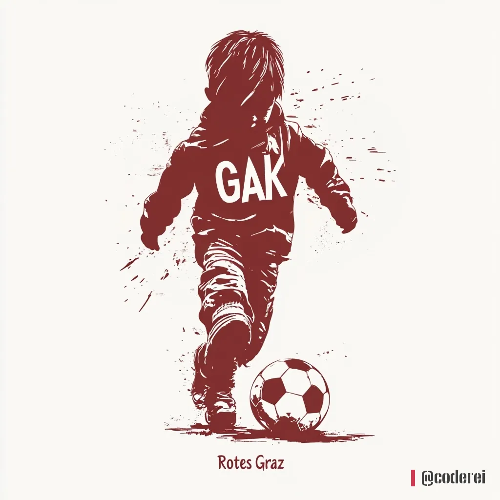 Kind von hinten in dunkelrotem Kapuzenpulli mit „GAK“, das einem Fußball hinterherläuft, darunter „Rotes Graz“.