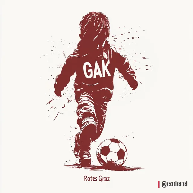 Kind von hinten in dunkelrotem Kapuzenpulli mit „GAK“, das einem Fußball hinterherläuft, darunter „Rotes Graz“.