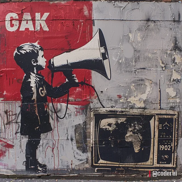 Schablonen-Bild eines Buben mit Megafon vor einer roten Wand mit „GAK“, rechts ein altes Fernsehgerät mit Weltkarte und „1902“.