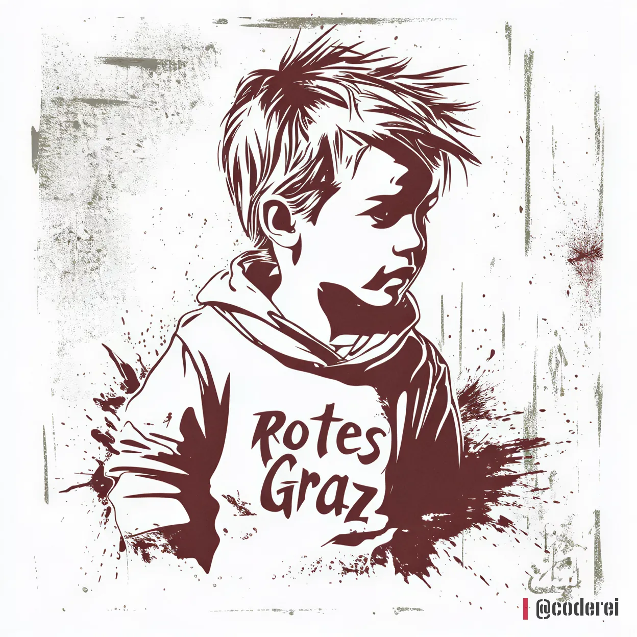 Schablonen-Porträt eines Buben im Kapuzenpulli mit der Aufschrift „Rotes Graz“, dunkelrot auf weißem, spritzerigem Grund.