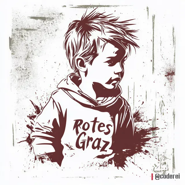 Schablonen-Porträt eines Buben im Kapuzenpulli mit der Aufschrift „Rotes Graz“, dunkelrot auf weißem, spritzerigem Grund.