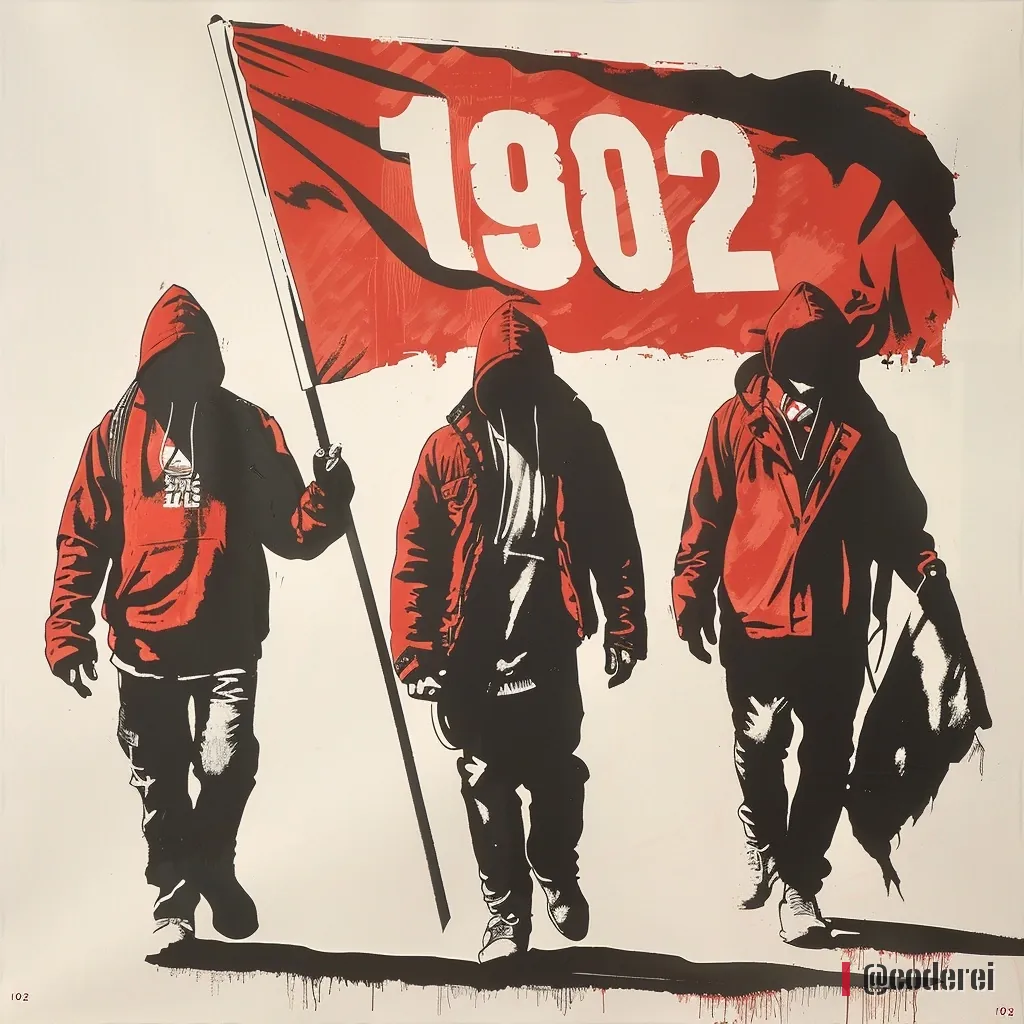 Drei Fans mit Kapuzen und roten Jacken gehen mit einer roten Fahne mit „1902“ über weißen Grund.