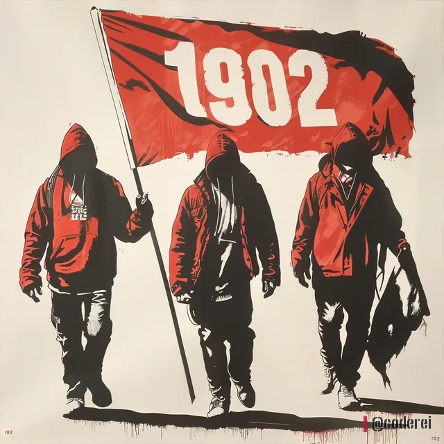 Drei Fans mit Kapuzen und roten Jacken gehen mit einer roten Fahne mit „1902“ über weißen Grund.