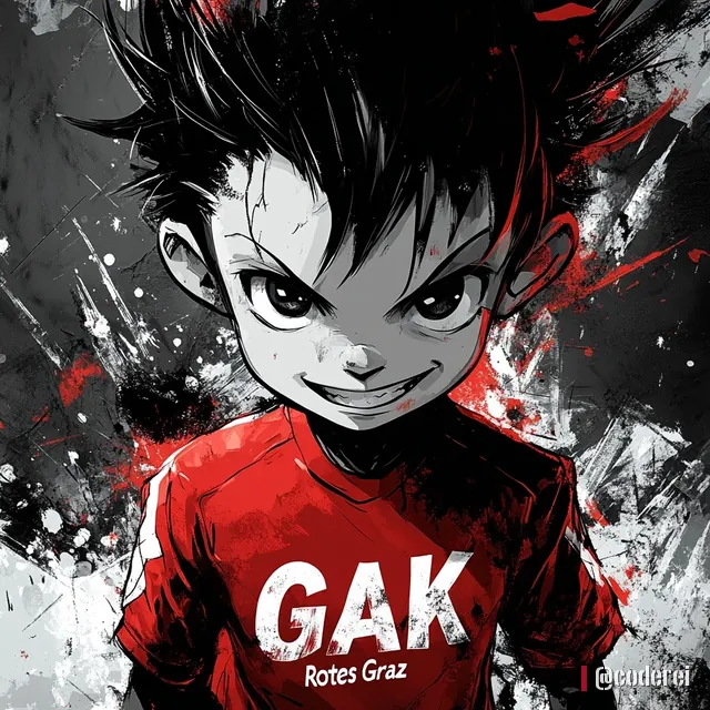 Anime-Bub mit schwarzen Haaren und frechem Grinsen im roten Trikot mit „GAK Rotes Graz“, rote Spritzer im Hintergrund.