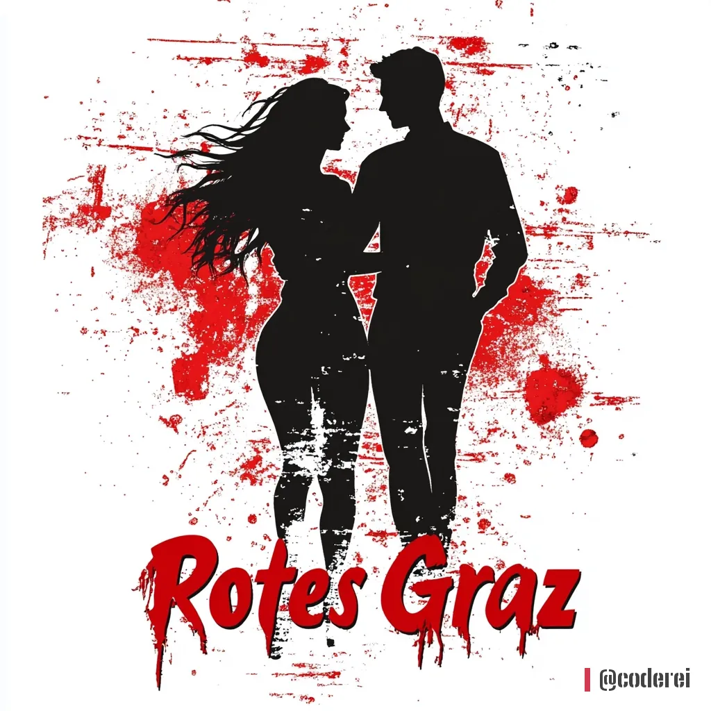 Schwarze Silhouetten eines Paares Arm in Arm mit roten Farbspritzern, darunter „Rotes Graz“ in roter Pinselschrift.