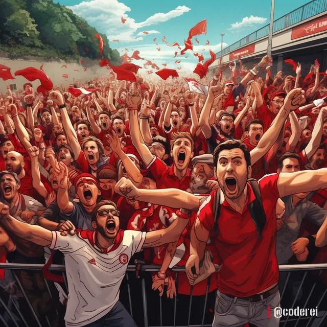 Illustration einer jubelnden Menge in roten und weißen Shirts hinter einem Zaun im Stadion, die Arme in der Luft.