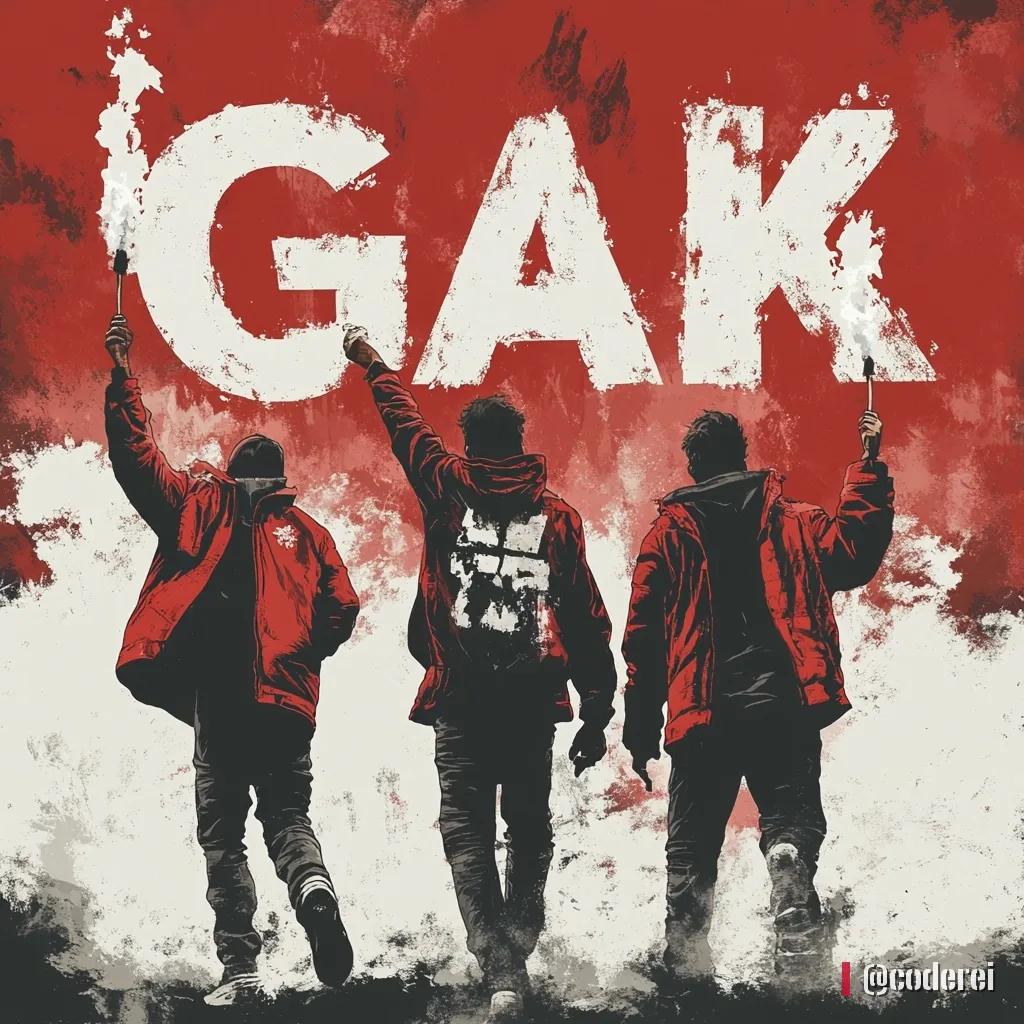 Drei Fans von hinten in roten Jacken heben die Arme unter dem großen Schriftzug „GAK“ auf rot-weißem Grund.
