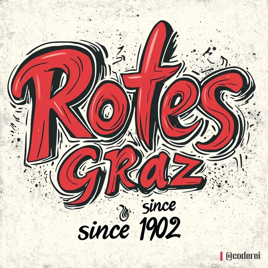 Roter Pinselschriftzug „Rotes Graz“ mit schwarzer Kontur auf cremefarbenem Grund, darunter „since 1902“ in Handschrift.