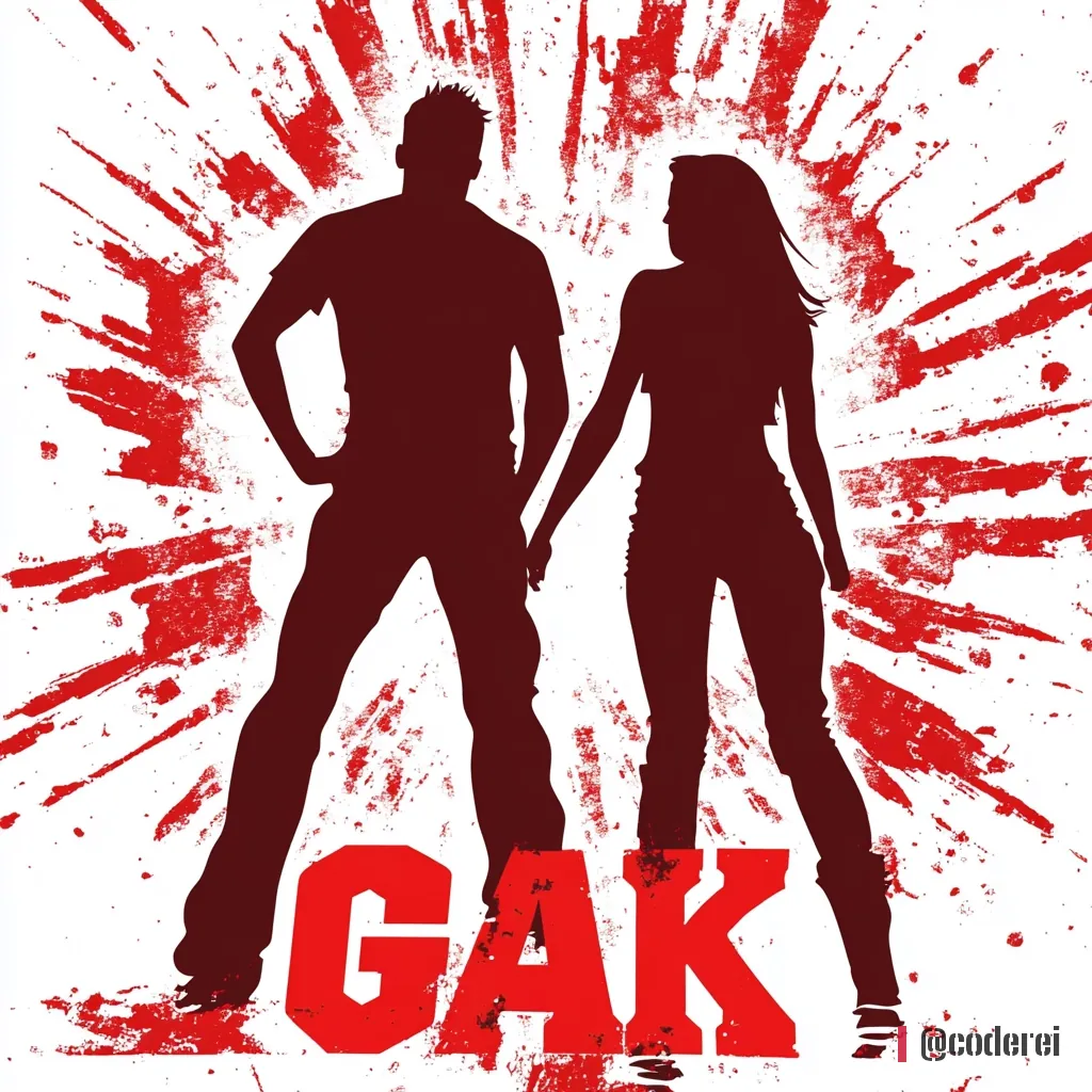 Silhouetten eines Mannes und einer Frau vor einem roten Strahlenkranz, unten der große rote Schriftzug „GAK“.