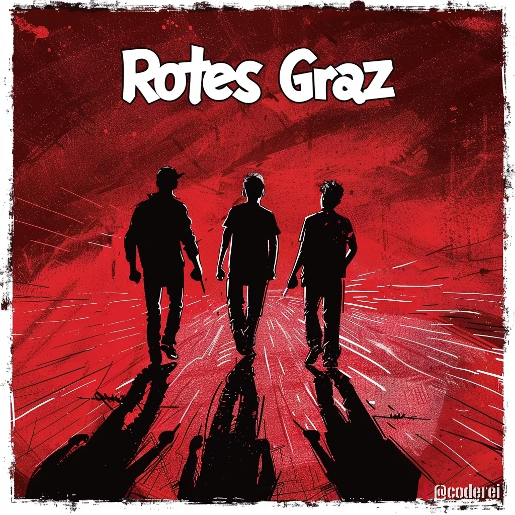 Drei Silhouetten gehen auf rote Strahlen zu, oben der weiße Schriftzug „Rotes Graz“.