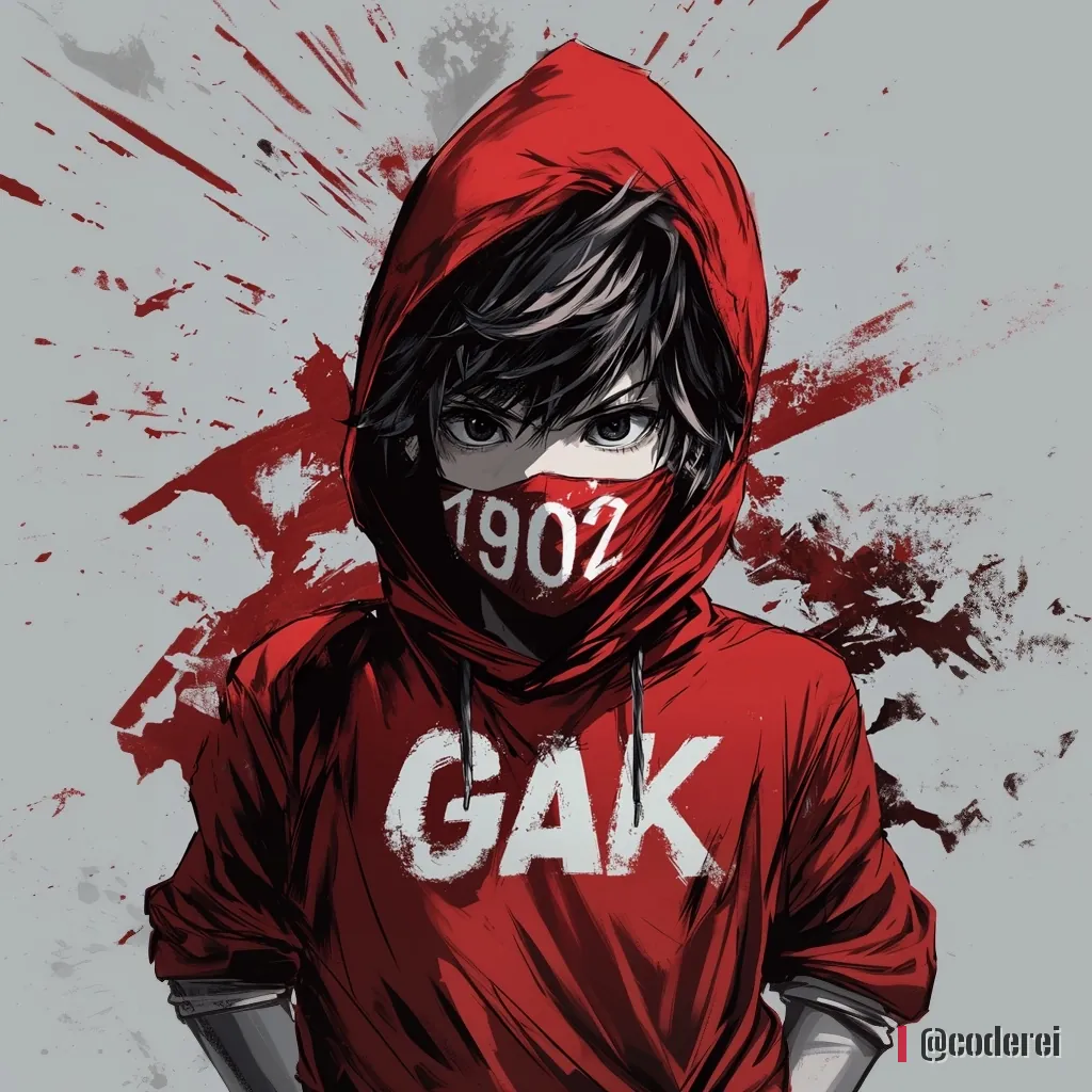Anime-Bub mit roter Kapuze und rotem Tuch mit „1902“ vor dem Mund, auf dem Pulli „GAK“, rote Spritzer vor grauem Grund.