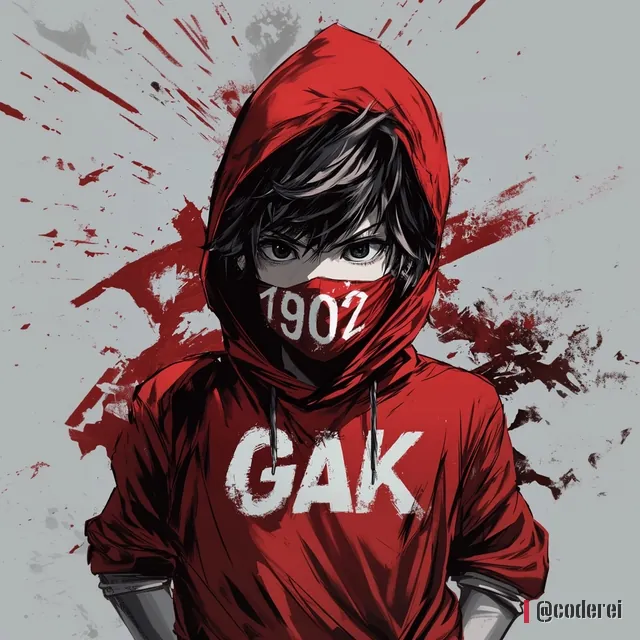 Anime-Bub mit roter Kapuze und rotem Tuch mit „1902“ vor dem Mund, auf dem Pulli „GAK“, rote Spritzer vor grauem Grund.