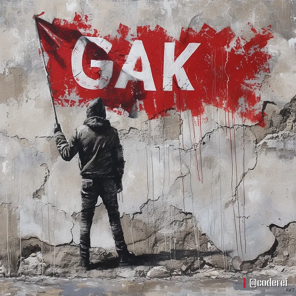 Gestalt in Kapuzenpulli von hinten hält eine rote Fahne mit „GAK“ an eine rissige Betonwand.