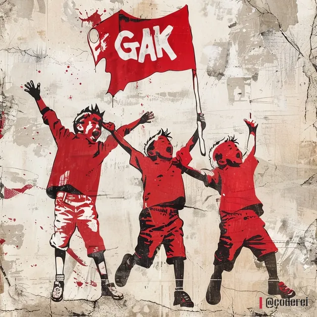 Drei jubelnde Kinder in roten Shirts und Shorts springen unter einer roten Fahne mit „GAK“ vor rissiger Wand.
