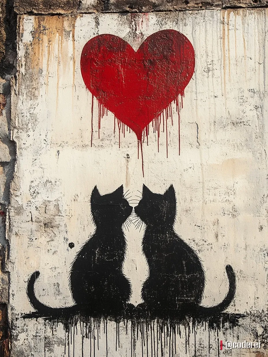 Zwei schwarze Katzen sitzen Nase an Nase unter einem roten, tropfenden Herz, auf alter, rissiger Wand.