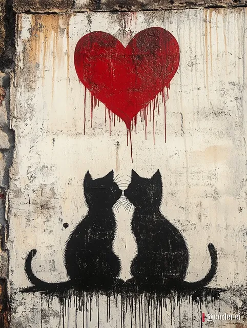 Zwei schwarze Katzen sitzen Nase an Nase unter einem roten, tropfenden Herz, auf alter, rissiger Wand.
