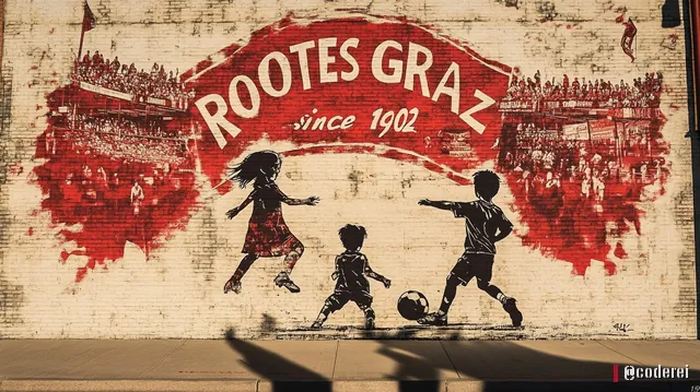 Roter Schriftzug „Rootes Graz since 1902“ auf einem Banner über zwei Kindern und einer Figur mit Ball auf heller Wand, im Hintergrund eine Tribüne.