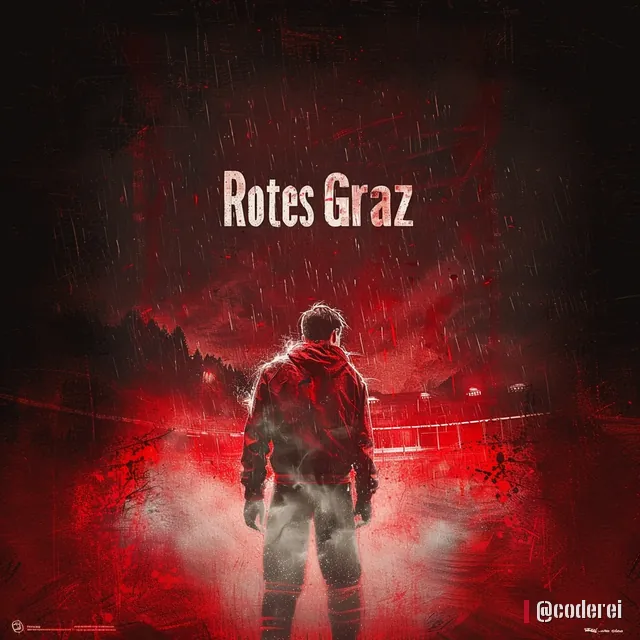 Gestalt in roter Jacke von hinten in rotem Nebel vor einem Stadion, oben „Rotes Graz“, Filmplakat-Stimmung.