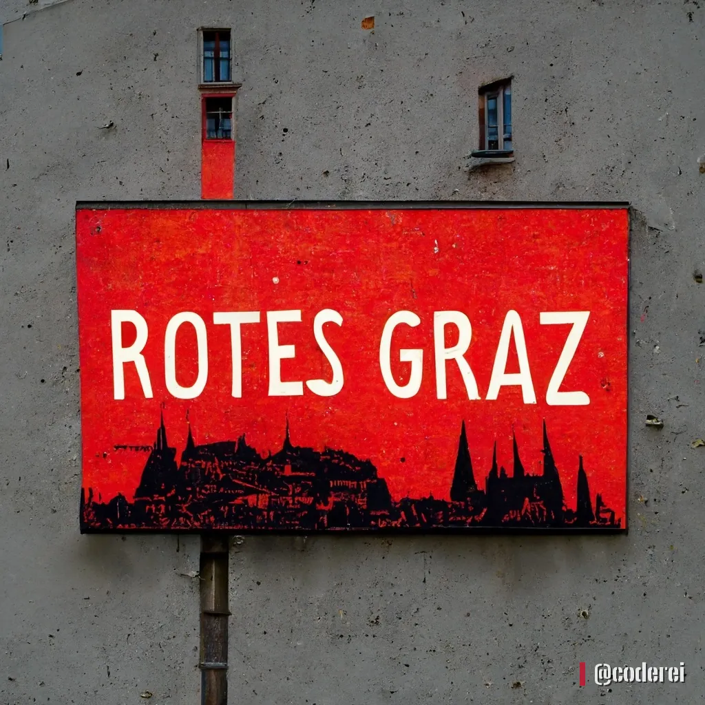 Rote Tafel mit weißem Schriftzug „Rotes Graz“ und schwarzer Stadtsilhouette, an einer Betonwand befestigt.