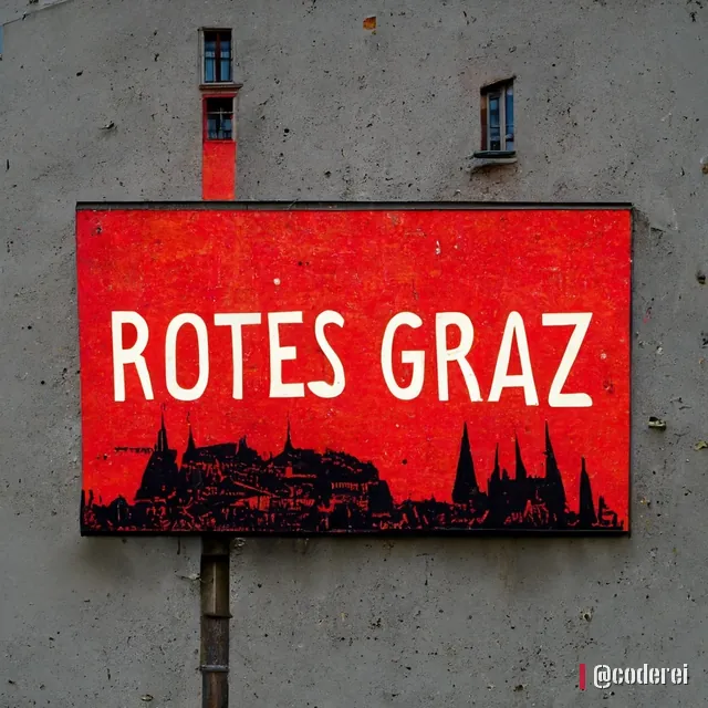 Rote Tafel mit weißem Schriftzug „Rotes Graz“ und schwarzer Stadtsilhouette, an einer Betonwand befestigt.