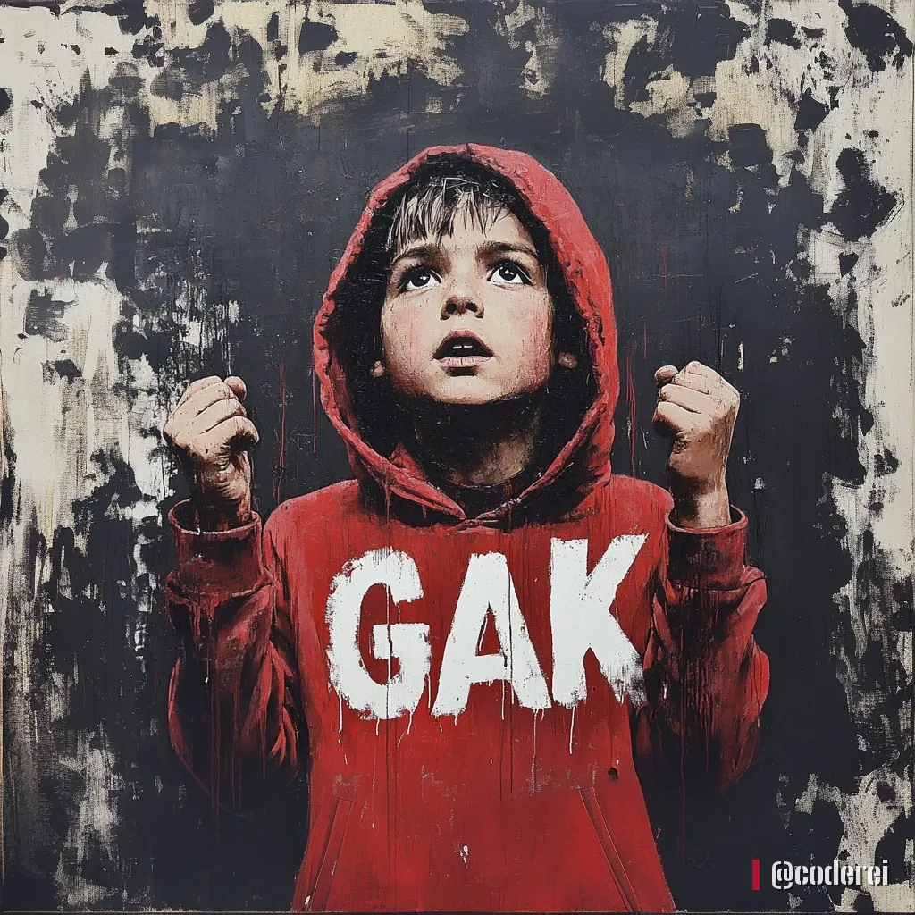Gemalter Bub in rotem Kapuzenpulli mit „GAK“ blickt mit geballten Fäusten nach oben, vor dunkler, abgeblätterter Wand.