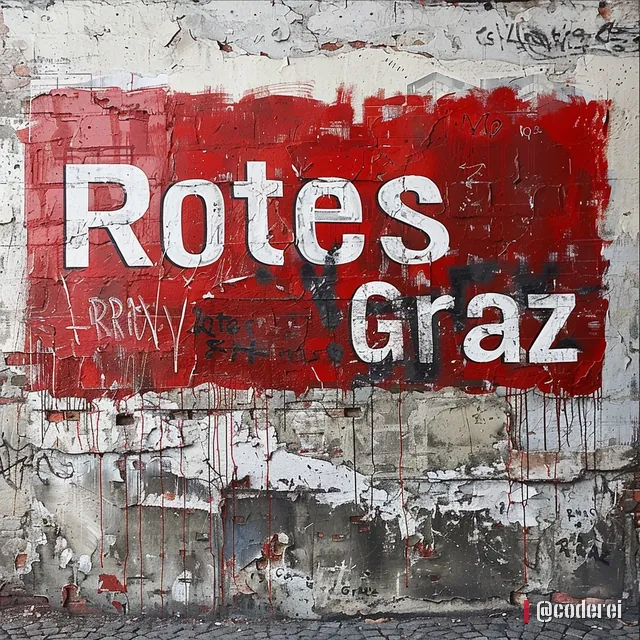 Rote Tafel mit weißem Schriftzug „Rotes Graz“ an einer zerschlissenen, bemalten Wand.