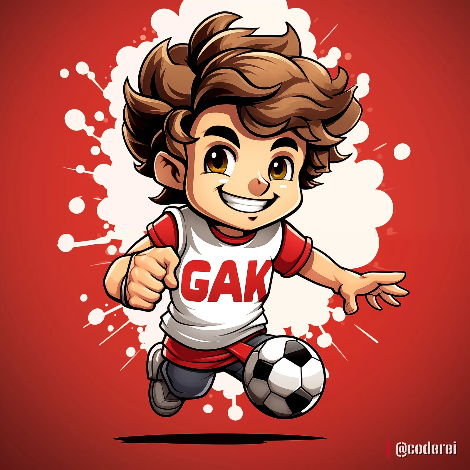 Lächelnder Comic-Bub im weißen Shirt mit „GAK“ dribbelt einen Ball vor rotem Grund mit weißen Spritzern.