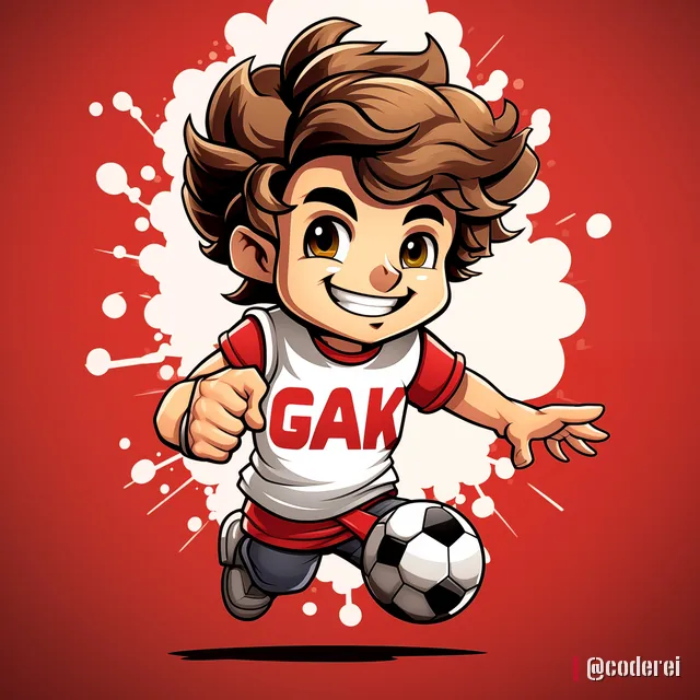 Lächelnder Comic-Bub im weißen Shirt mit „GAK“ dribbelt einen Ball vor rotem Grund mit weißen Spritzern.
